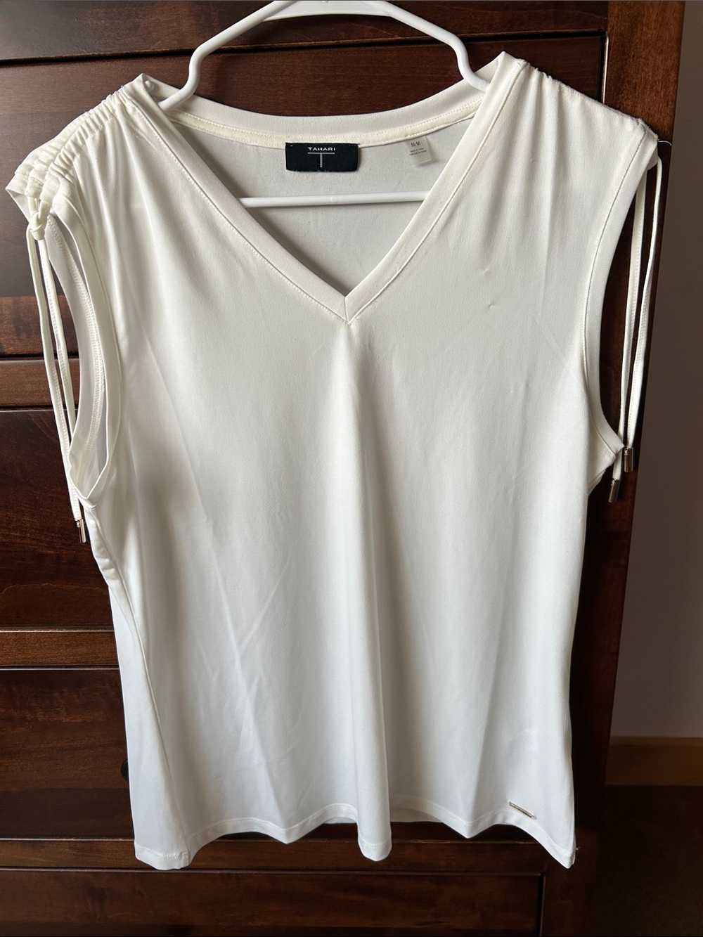 Tahari Cream V-Neck Sleeveless Top with Drawstring Shoulders